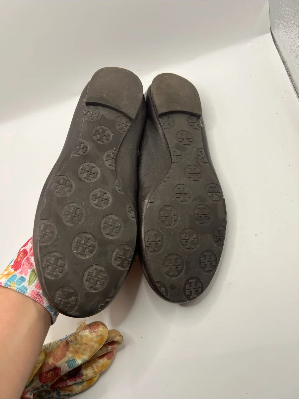 Tory Burch Dark Brown Leather Logo Ballet Flats with Gold Emblem